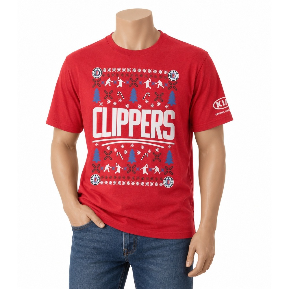 LA Clippers NBA Mens Red Ugly Sweater Holiday Graphic T-Shirt Kia Sponsor XL